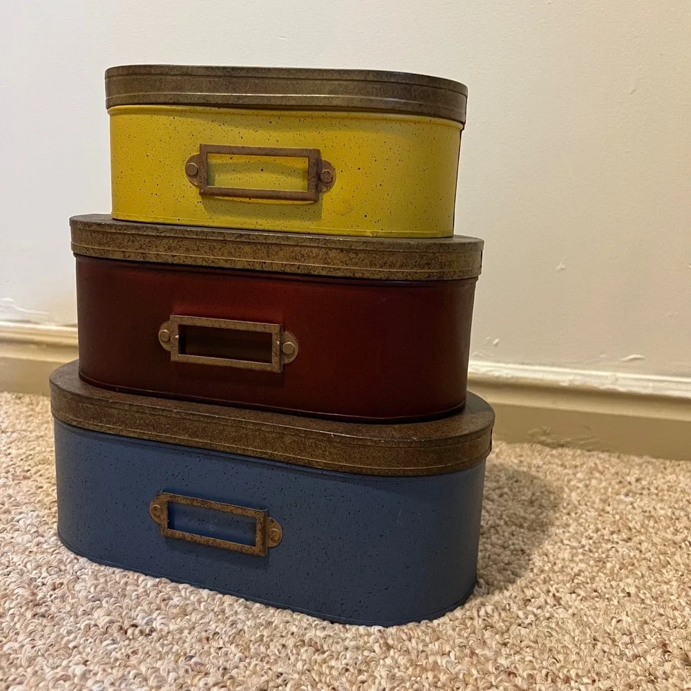 Vintage Style Nesting Metal Tins Set of 3 Oval Storage Boxes Label Holders